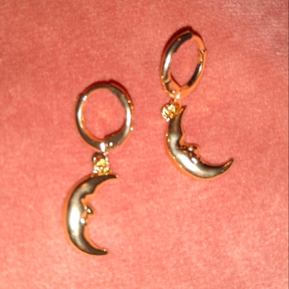 Gold Crescent Moon Mini Hoop Earrings Man in the Moon Celestial Charm Hoops - Picture 2 of 4